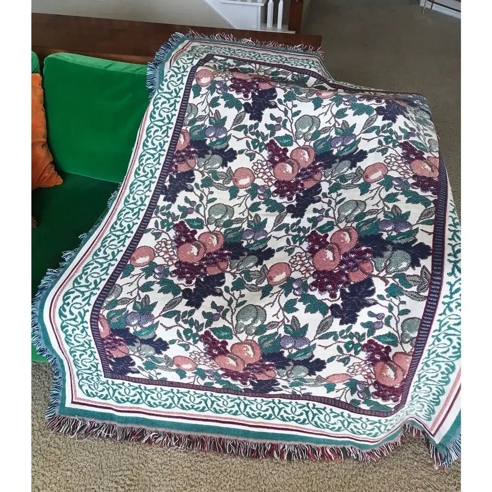vintage 90s Reversible FRUIT PRINT plums, grapes, pears Fringe BLANKET afghan